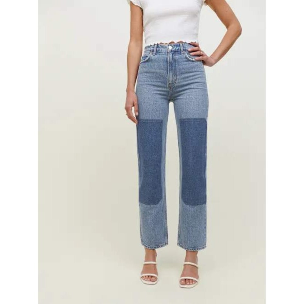Reformation Clayton Carpenter Patch High Rise Straight Jeans Light Wash Blue 29